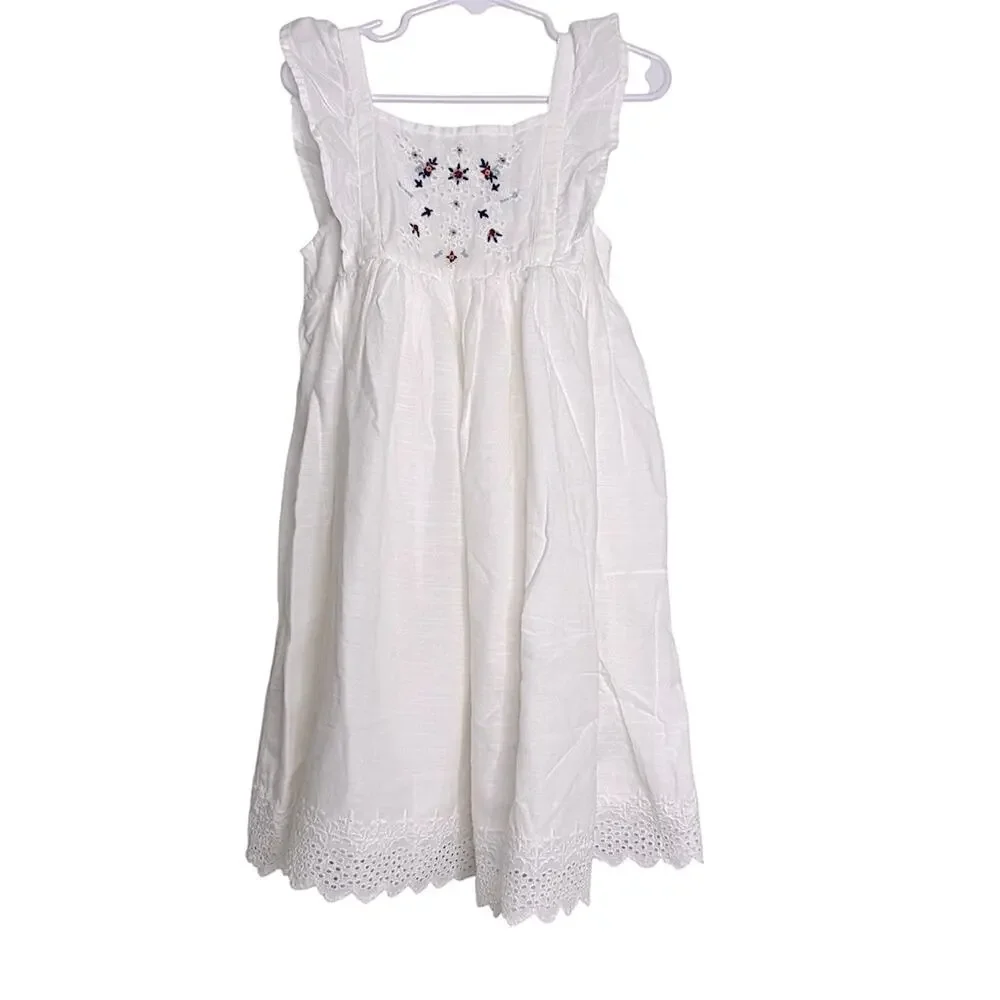 Old Navy White Floral Embroidered Kids Dress Ruffled Cotton Blend Sleeveless 5T